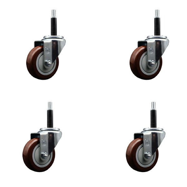 3.5'' SS Maroon Poly Wheel Swivel 3/4'' Expanding Stem Caster Set, 4PK